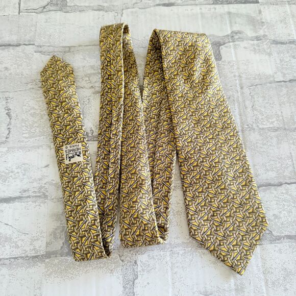 VTG Hermes Silk Tie Yellow Gray Brown Geometric Interlocking Rings Print 399EA - Picture 3 of 6